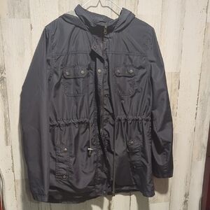 Merona Black Raincoat with Hood and Drawstring Waist